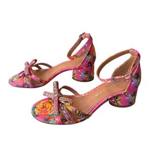 Copper Key Prance Floral Satin Rhinestone Bow Block Heel Sandals